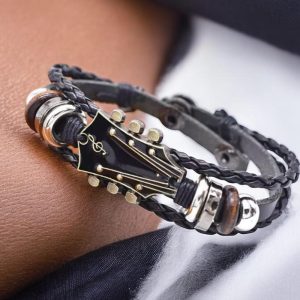 Braided Guitar Bracelet - Zinc Alloy Adjustable Buckle, Handmade Faux Leather, 3-Layer Punk Retro Wrist Jewelry