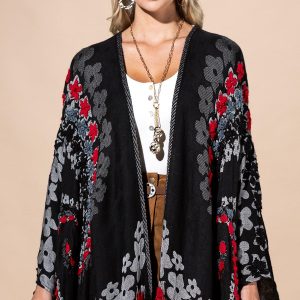 Black Floral Ruana Made In India: Women's Embroidered
