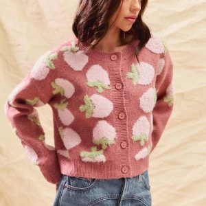 Mauve Strawberry Cardigan: Buttonup Soft Knit Sweater